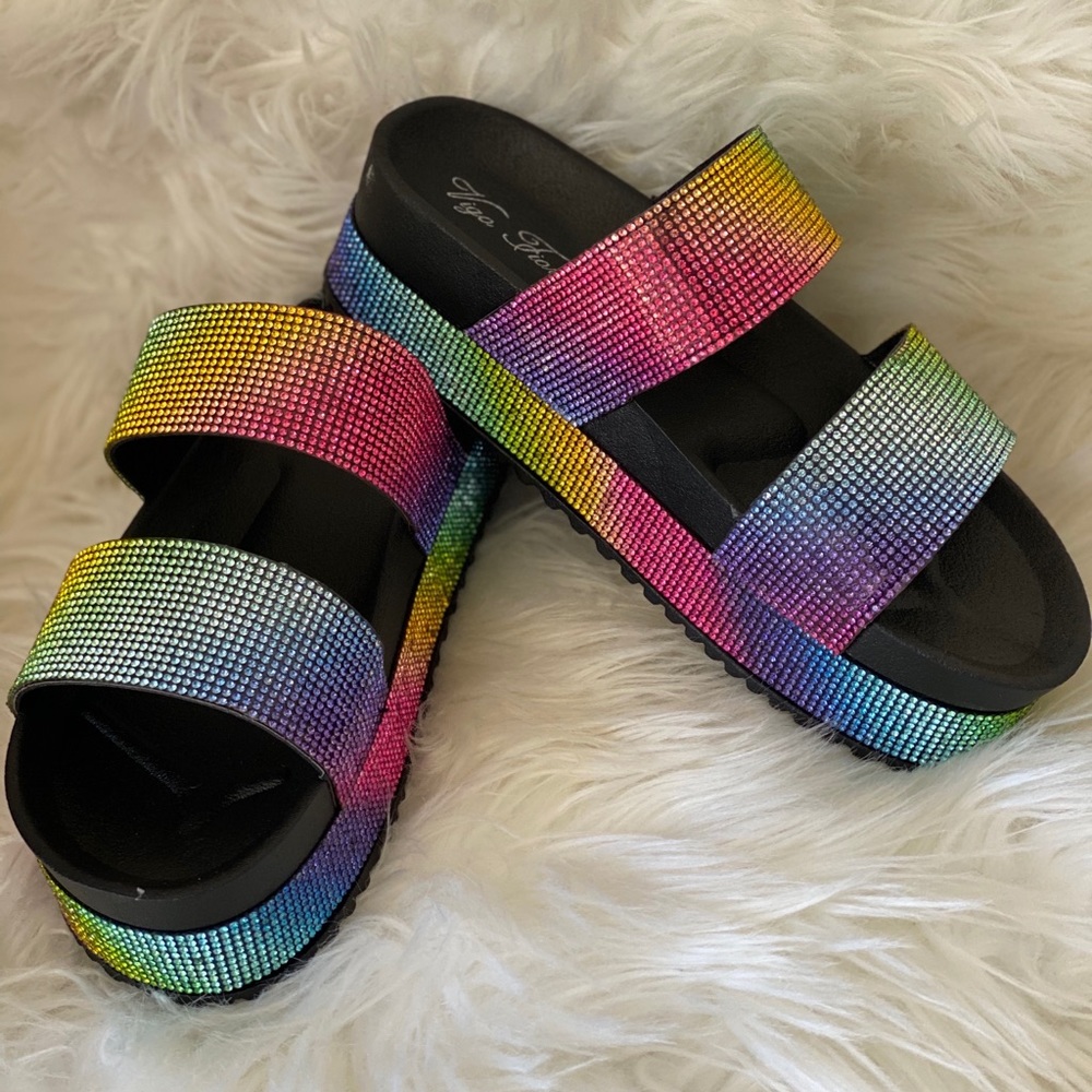 Rainbow rhinestone double band platform slides